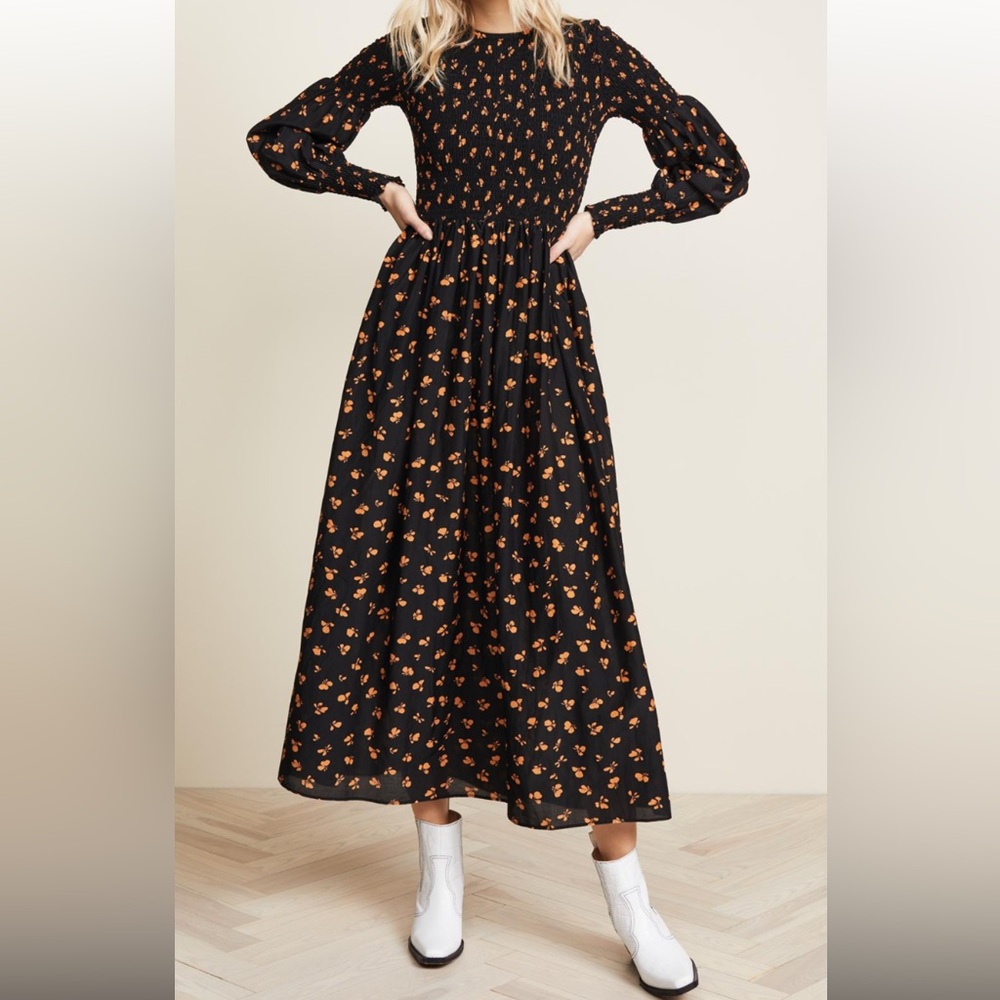 Ganni Black Dress with Orange Floral Pattern
